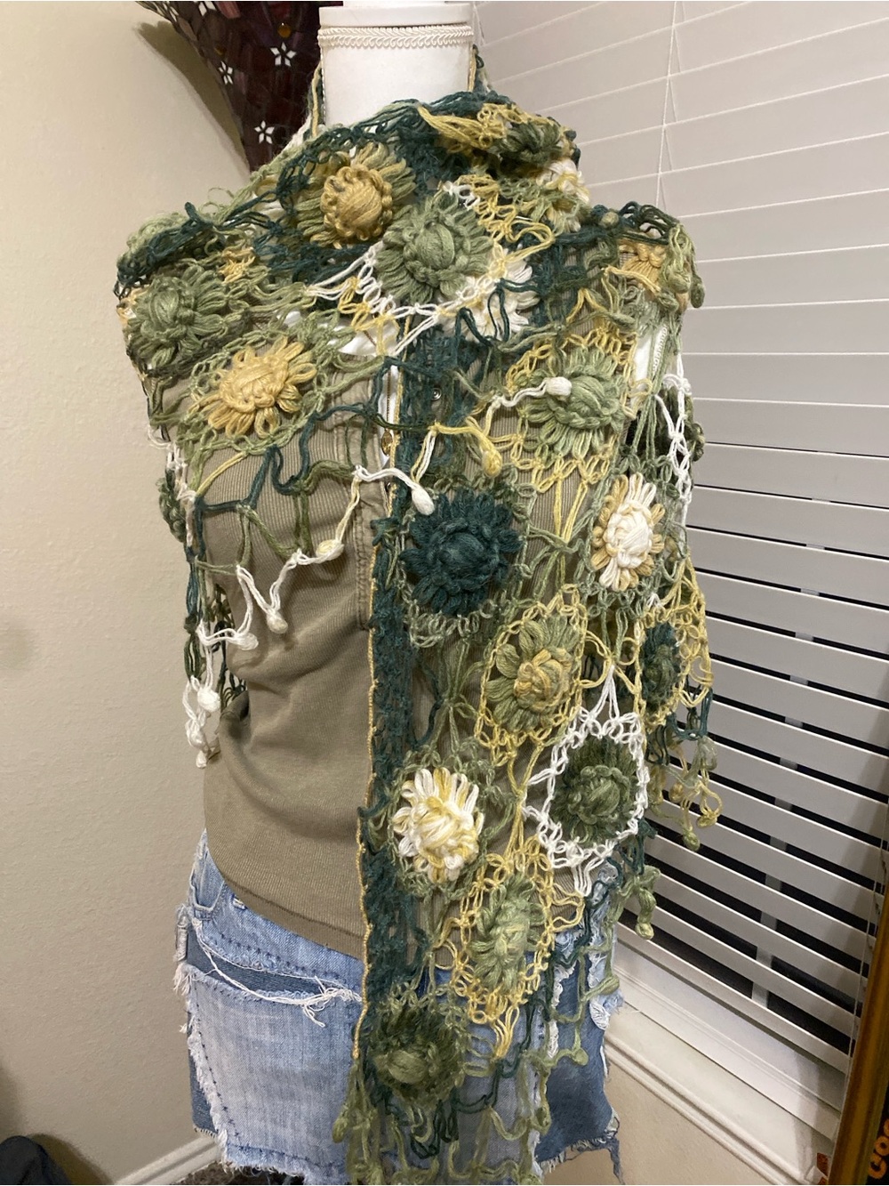 Source Unknown Crochet Floral Wrap in Green, Cream and Yellow